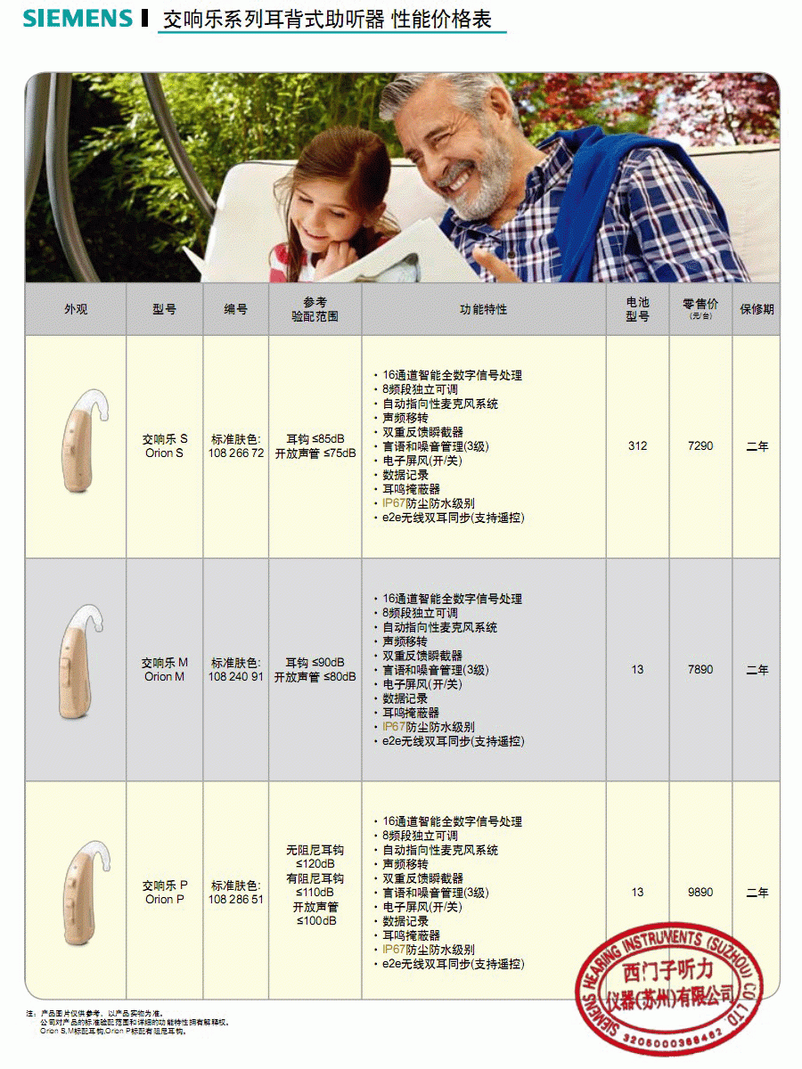 西门子助听器交响乐系列耳背式助听器价格表