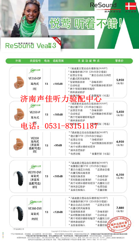 2014年瑞声达助听器悦莺3系列耳背式助听器价格表
