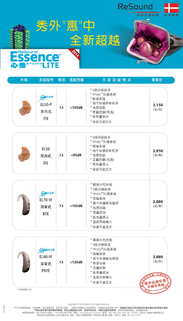 济南瑞声达助听器心秀(3通道)耳背式和耳甲腔式价格表